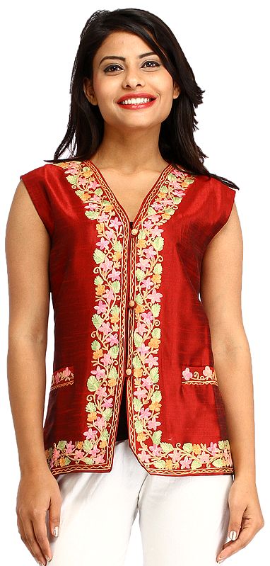 Maroon Kashmiri Waistcoat With Aari Embroidery