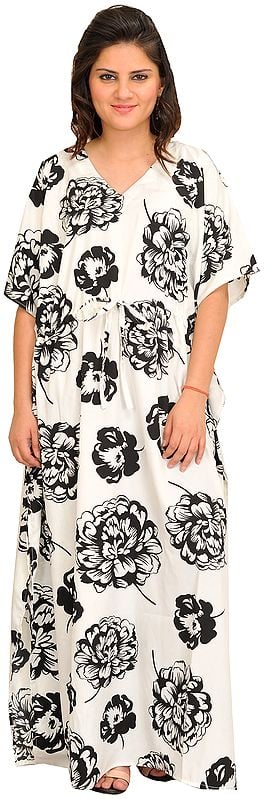 Winter White Long Kaftan with Giant Printed Flowers and Dori At Waist