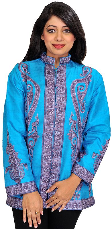 Vivid Blue Kashmiri Jacket with Aari Embroidery by Hand