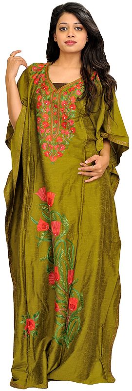 Olive Green Long Kaftan With Aari Embroidery