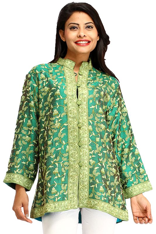 Ivy Green Jacket From Kashmir with All-Over Aari Embroidery by Hand