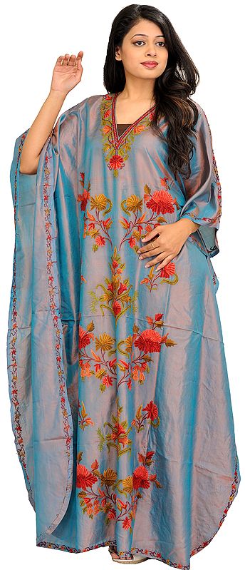 Twilight Kaftan from Kashmir with Hand-Embroidered Flowers