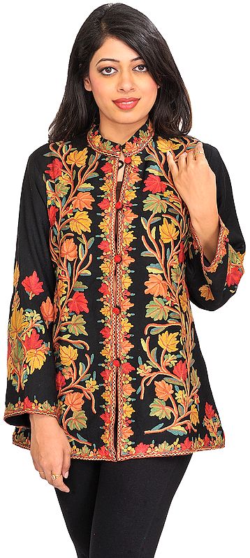 Caviar-Black Jacket from Kashmir with Hand Embroidered Tree of Life