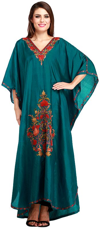 Deep-Lake Kashmiri Kaftan with Aari-Embroidery by Hand