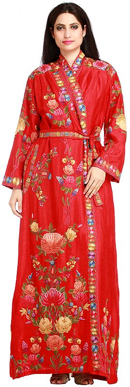 Bittersweet-Red Robe from Kashmir with Aari Hand-Embroidered Flowers
