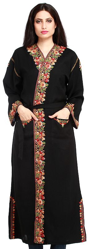 Jet-Black Robe from Kashmir with Floral Hand-Embroidery on Border