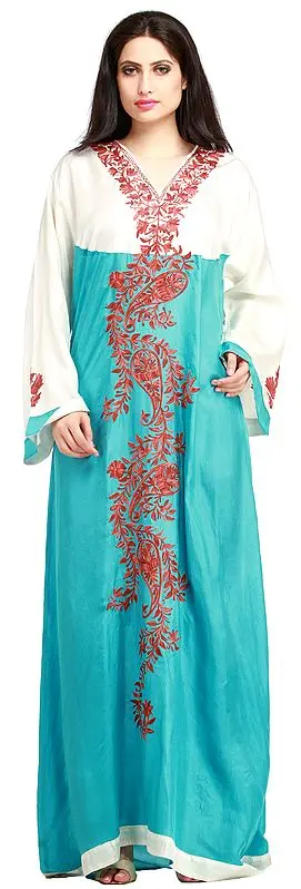White and Aqua-Sea Gown from Kashmir With Aari-Embroidery