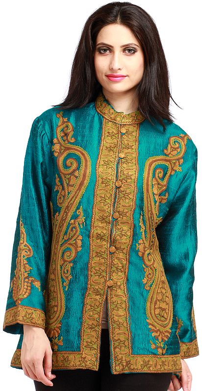 Viridian-Green Kashmiri Jacket with Aari Hand-Embroidered Paisleys