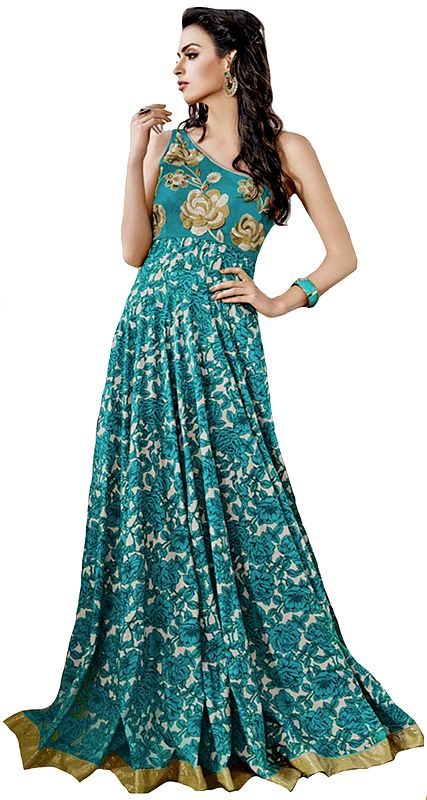 Floral Printed Gown with Zari-Embroidered Flowers and Sequined Patch Border