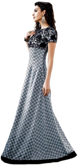 Winter-Sky and Black Floor Length Gown with Printed Spirals and Embroidered Flowers