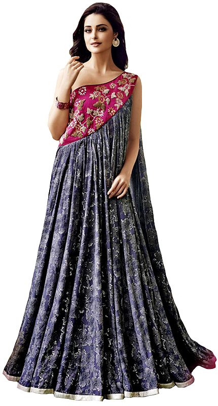 Pink and Gray Floor Length Gown with Floral Print and Embroidered Beads