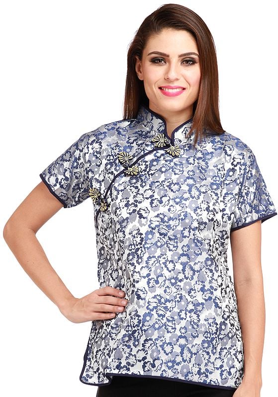 Silver and Blue Cheongsam Top from Sikkim with Woven Flowers