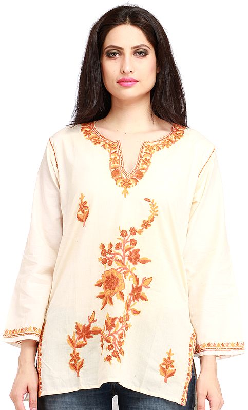 Pearled-Ivory Kurti from Kashmir with Floral Hand-Embroidery