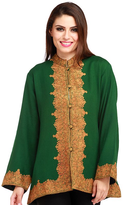 Verdant-Green Jacket from Kashmir with Aari Hand-Embroidery on Border