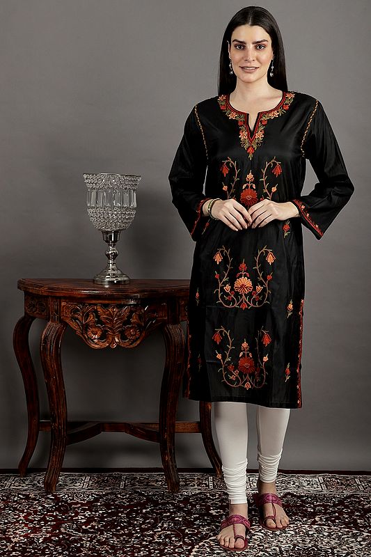 Silk Kurti from Kashmir with Aari Embroidery by Hand