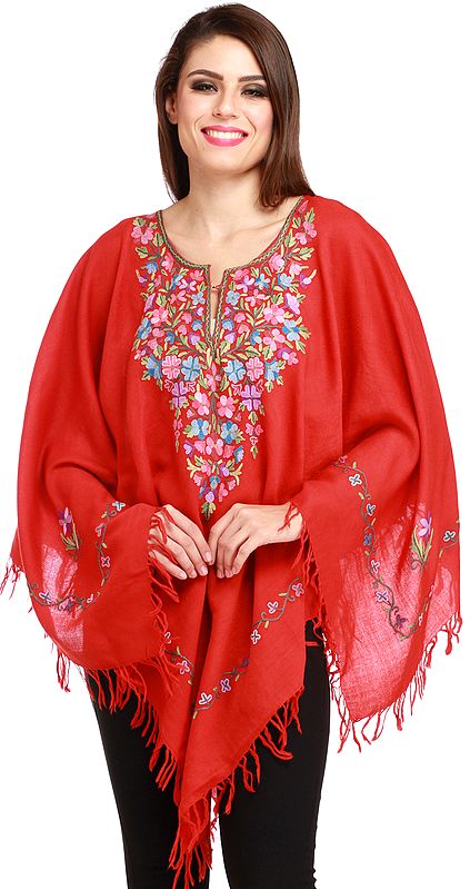 Kashmiri Poncho with Floral Hand-Embroidery on Neck