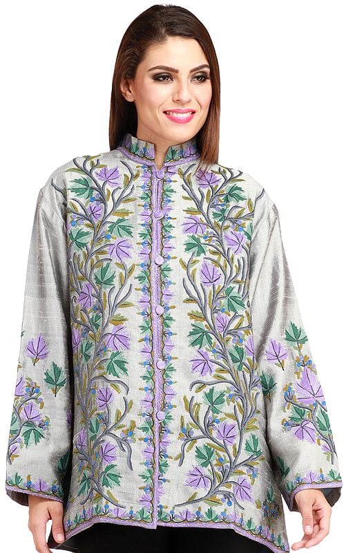 Silver Kashmiri Jacket with Aari Hand-Embroidered Maple Leaves