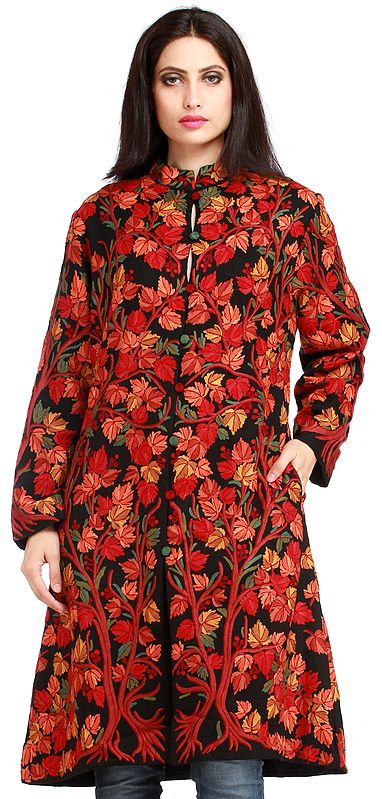 Jet-Black Kashmiri Long Jacket with Aari Hand-Embroidered Maple Leaves All-Over