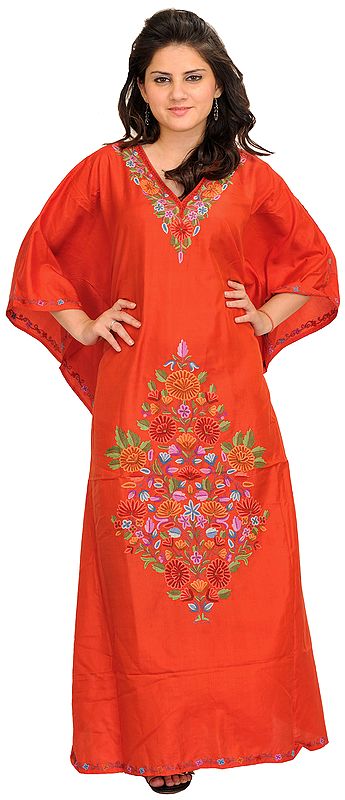 Paprika-Red Kashmiri Kaftan with Aari Embroidered Flowers by Hand