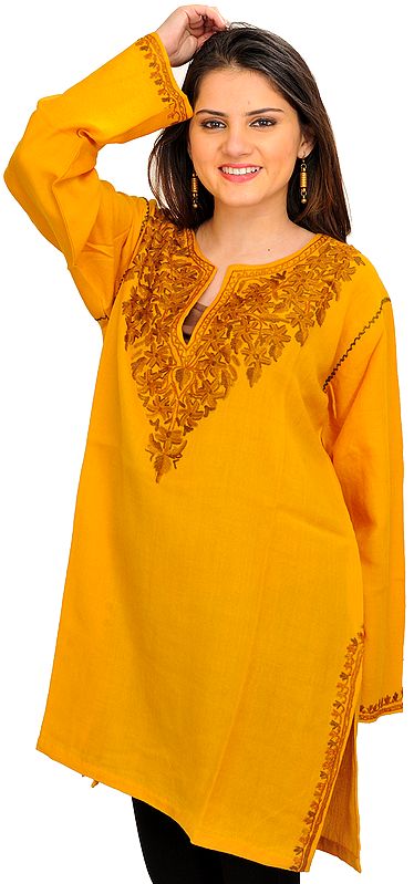 Mineral-Yelllow Kashmiri Kurti with Floral Hand-Embroidery on Neck