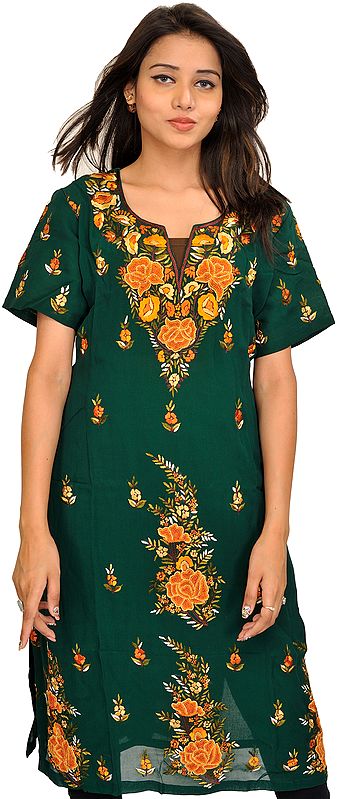 Bistro-Green Phulkari Embroidered Long kurti