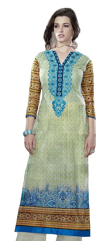 Fairest-Jade Long Kurti with Digital-Print and Embroidered Patch on Neck