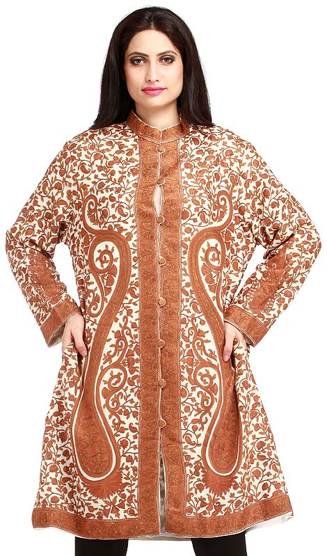 Light Red Kashmiri Woolen Long Jacket with Detailed Floral and Paisley Aari  Embroidery | Exotic India Art