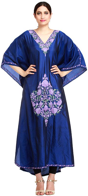 Deep-Ultramarine Kashmiri Kaftan with Floral Hand-Embroidery