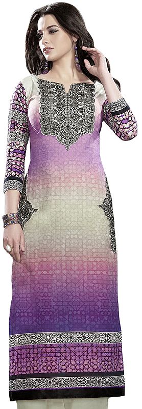 Purple and Dove Digital-Printed Long Kurti with Floral Embroidered Patches