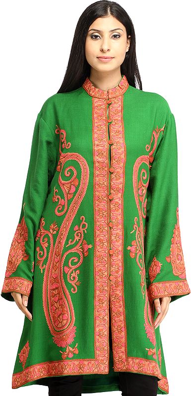 Jelly-Bean Long Jacket from Kashmir with Aari Hand-Embroidered Paisleys