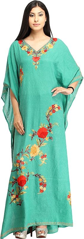 Turquoise-Green Kaftan from Kashmir with Aari-Floral Embroidery