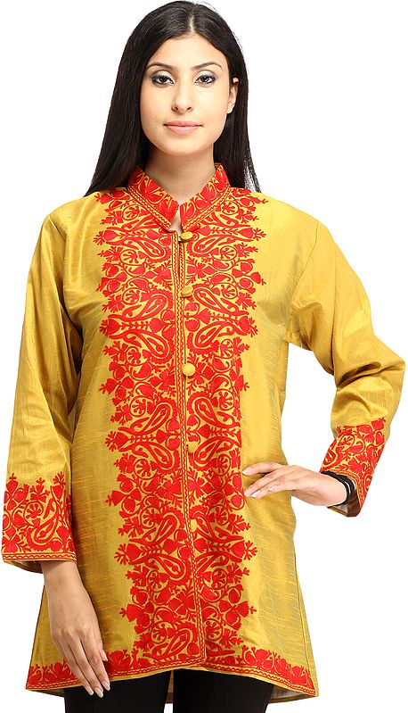 Misted-Yellow Kashmiri Jacket with Aari Embroidered Paisleys in Red Thread