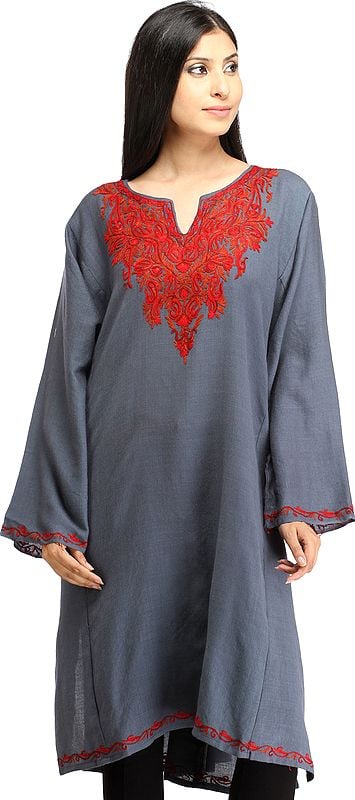 Folkstone-Gray Phiran from Kashmir with Aari Hand-Embroidered Paisleys on Neck