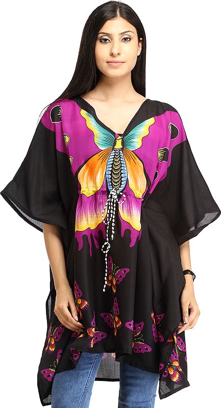 Black Short Kaftan with Printed Butterflies and Dori at Waist
