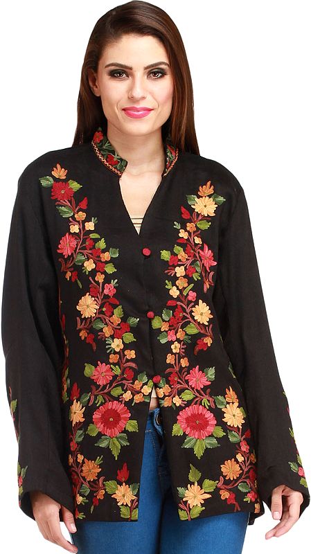 Jet-Black Jacket from Kashmir with Aari Hand-Embroidered Flowers