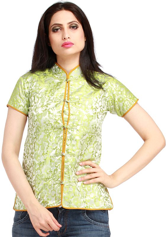 Green-Glow Cheongsam Jacket from Sikkim with Woven Flowers | Exotic ...