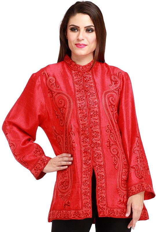 Tomato-Red Kashmiri Jacket with Aari Hand-Embroidered Paisleys