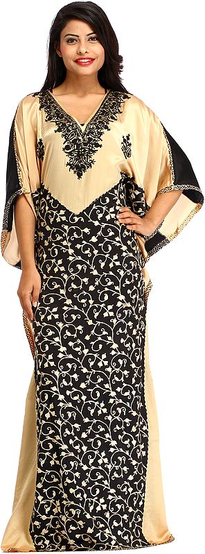 Golden and Black Kaftan from Kashmir with Aari-Embroidered Paisleys