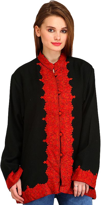Black and Red Kashmiri Jacket with Aari Hand-Embroidery on Border