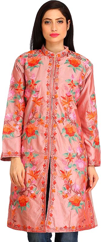 Pale-Mauve Kashmiri Long Jacket with Aari Hand-Embroidered Flowers