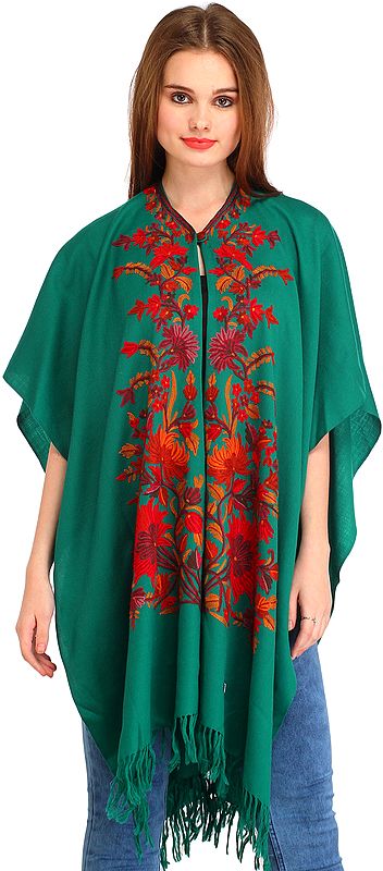 Parasailing-Green Kashmiri Cape with Aari Floral-Embroidery