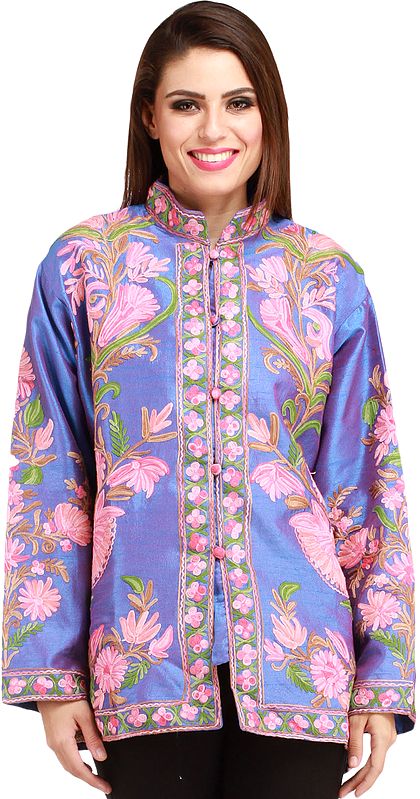 Regatta-Blue Kashmiri Jacket with Aari Embroidered Flowers