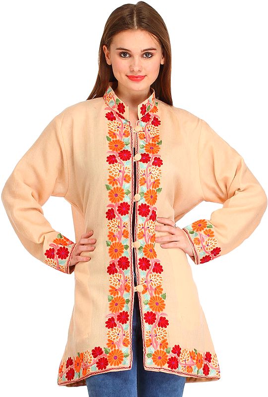 Novelle-Peach Jacket with Aari Hand-Embroidered Flowers on Border