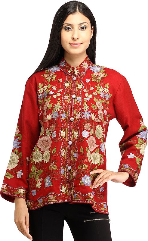 Deep-Claret Jacket from Kashmir with Aari Embroidered Flowers