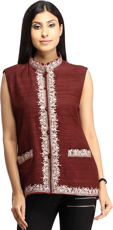 Crushed-Berry Waistcoat from Kashmir with Aari-Embroidered Paisleys on Border and Front Pockets