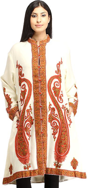 Off-White Long Jacket from Kashmir with Aari Hand-Embroidered Giant Paisleys