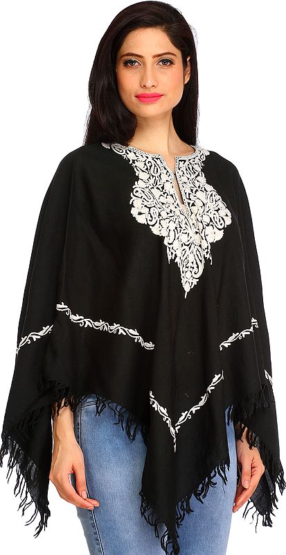 Black and White Poncho from Kashmir with Ari Embroidered Paisleys on Neck