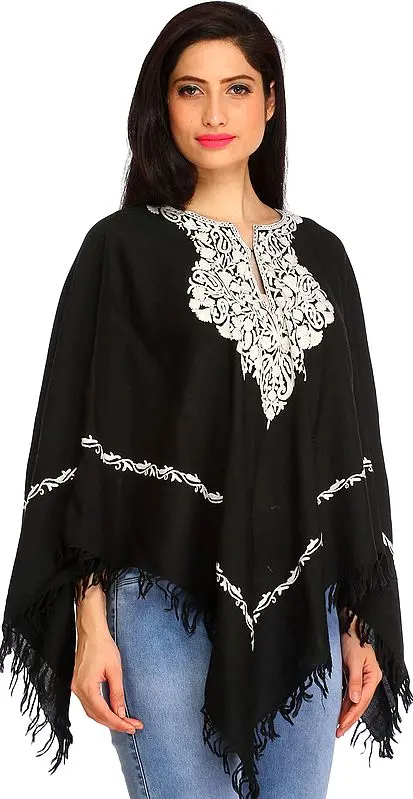 Black and White Poncho from Kashmir with Aari Embroidered Paisleys on Neck