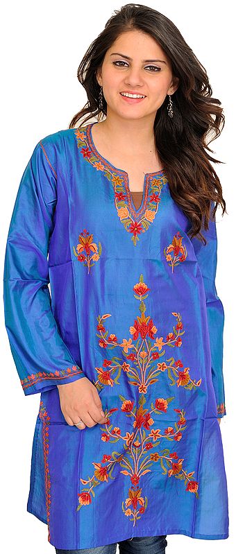 French-Blue Aari Hand-Embroidered Kurti from Kashmir