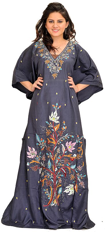 Nightshadow-Blue Kaftan from Kashmir with Beads-Embroidered Maple Tree and Stone-work